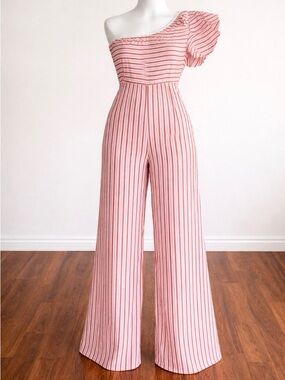 Mango Pink Striped One-Shoulder Wide-Leg Jumpsuit XS (No Belt)
